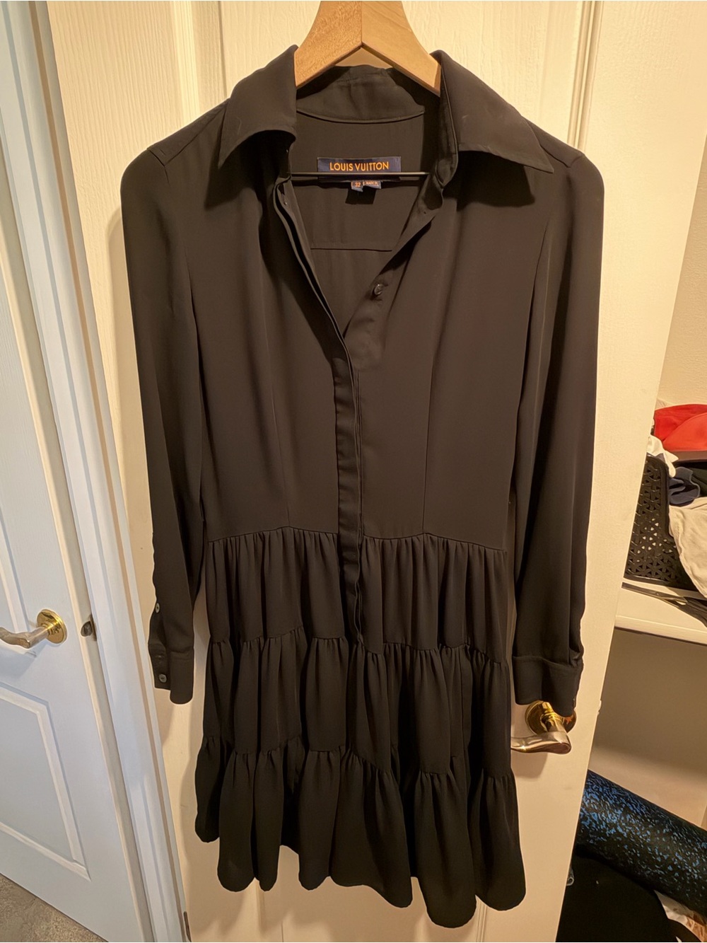 Louis Vuitton Uniform Black Long-Sleeve Tiered Shirt Dress sz 32
